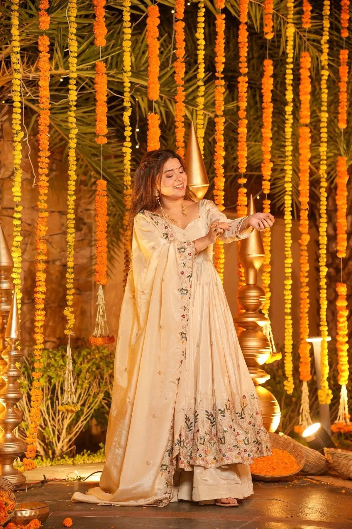 Off White Embroidered Silk Anarkali Palazzo Suit Set