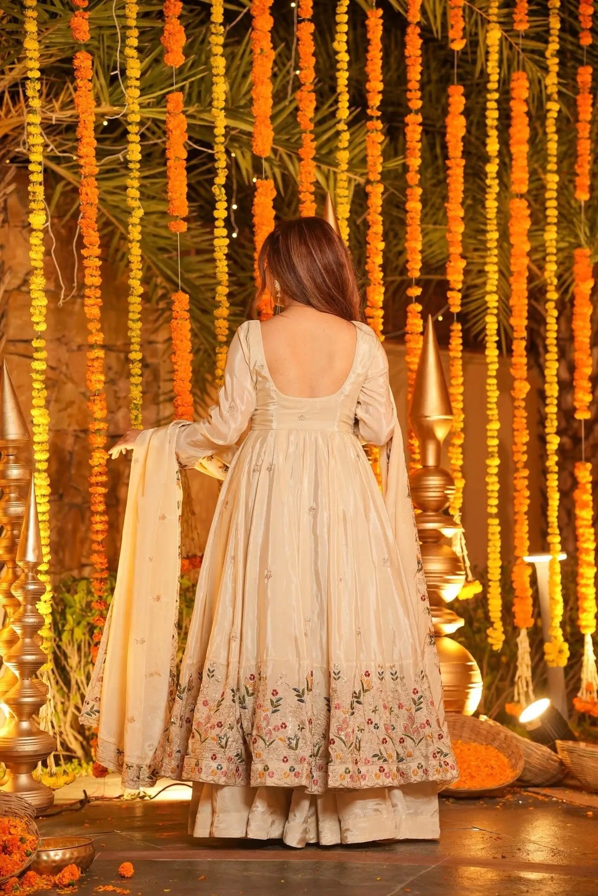 Off White Embroidered Silk Anarkali Palazzo Suit Set