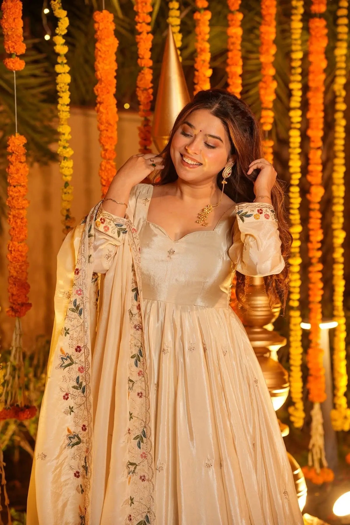 Off White Embroidered Silk Anarkali Palazzo Suit Set