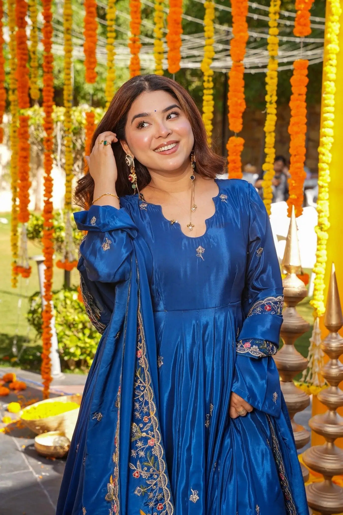 Blue Embroidered Silk Anarkali Palazzo Suit Set