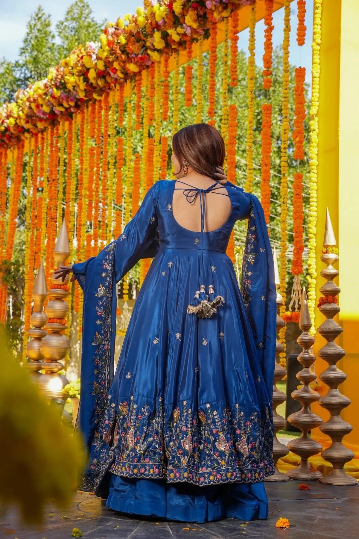 Blue Embroidered Silk Anarkali Palazzo Suit Set