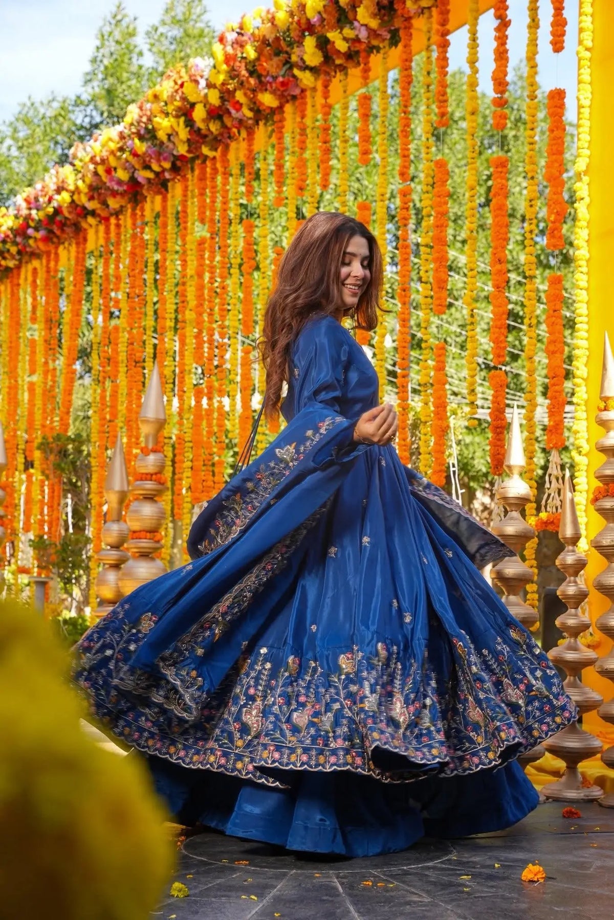 Blue Embroidered Silk Anarkali Palazzo Suit Set