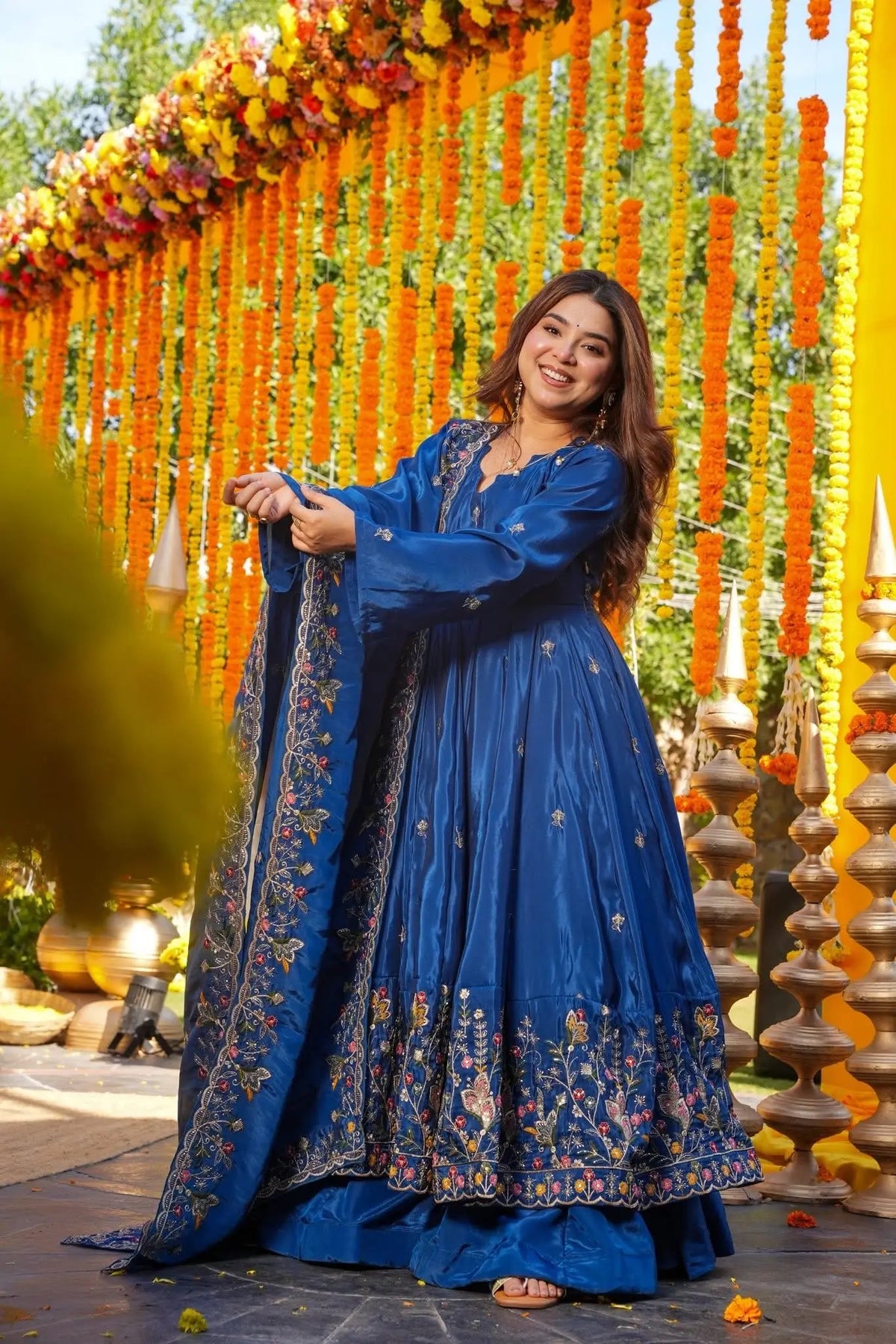 Blue Embroidered Silk Anarkali Palazzo Suit Set