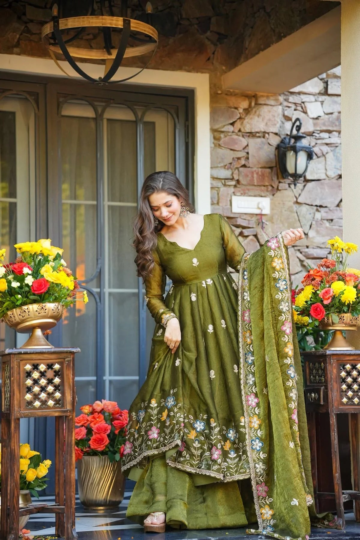 Olive Green Embroidered Silk Anarkali Sharara Suit Set