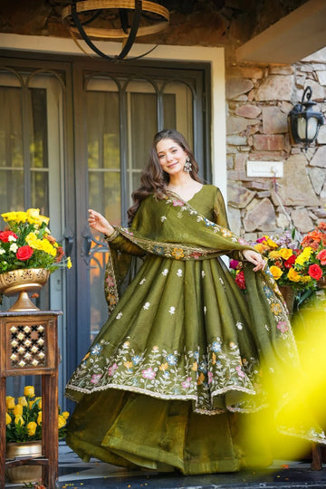 Olive Green Embroidered Silk Anarkali Sharara Suit Set