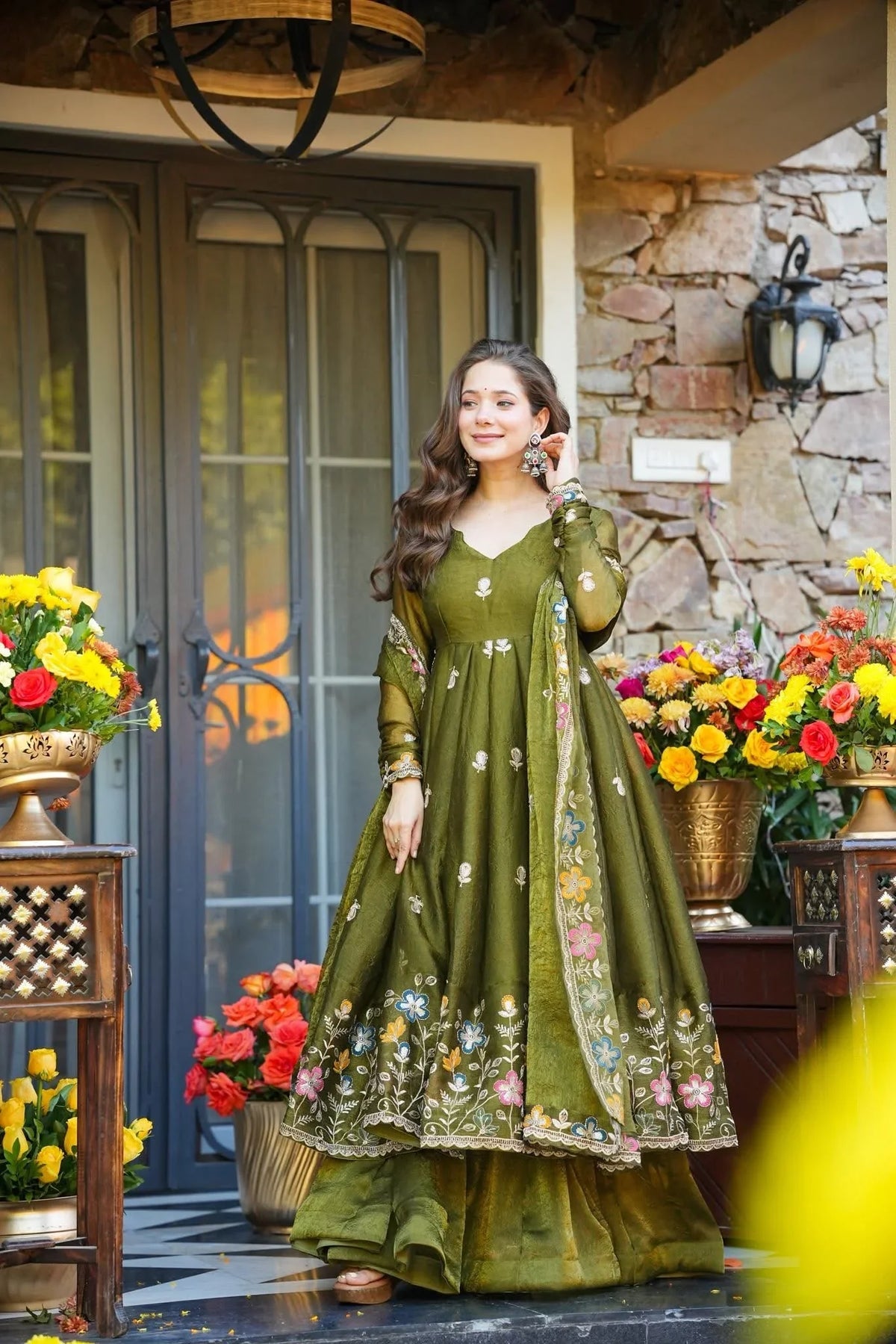 Olive Green Embroidered Silk Anarkali Sharara Suit Set