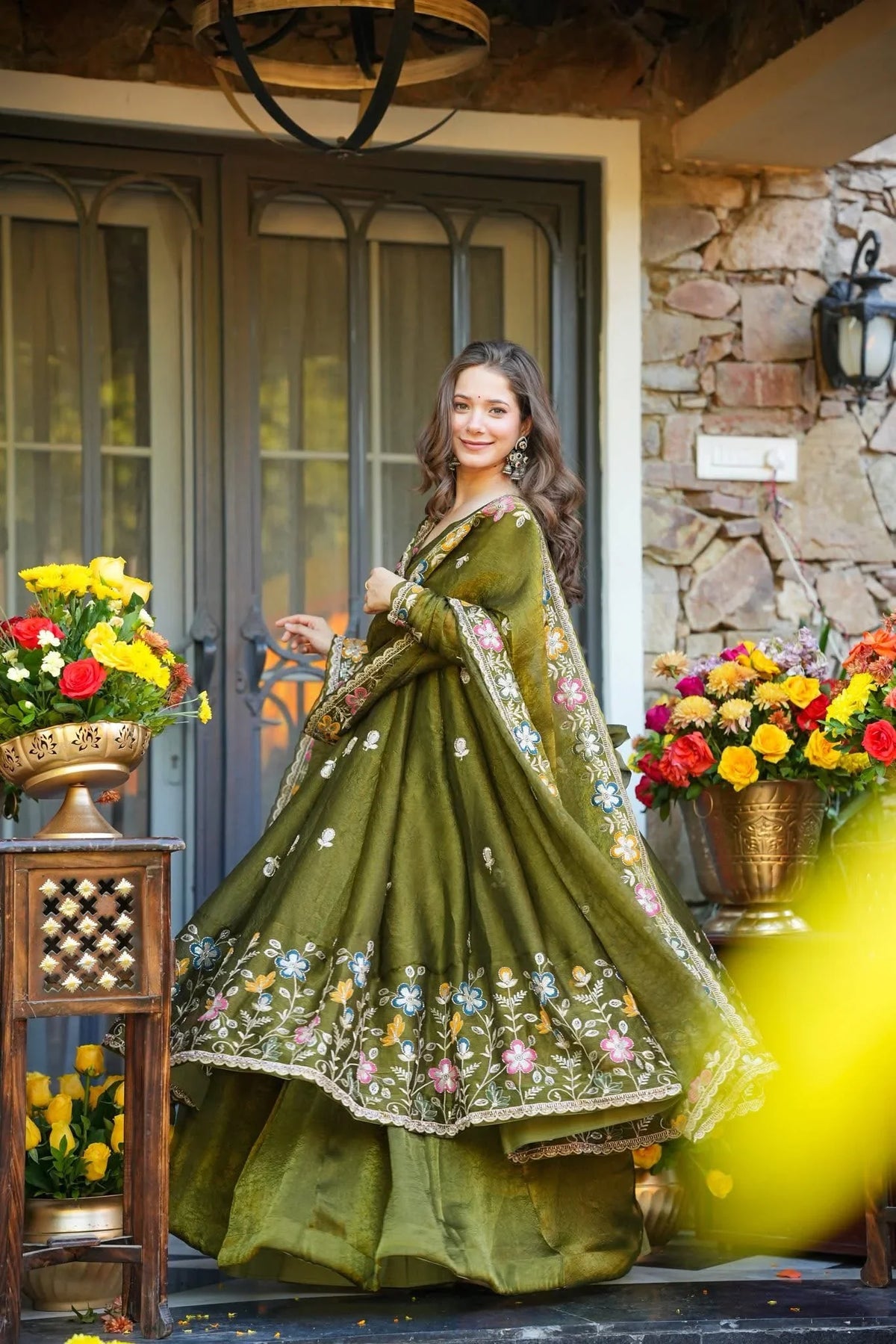Olive Green Embroidered Silk Anarkali Sharara Suit Set