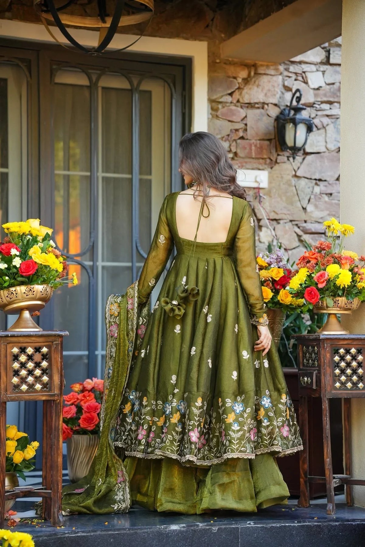 Olive Green Embroidered Silk Anarkali Sharara Suit Set