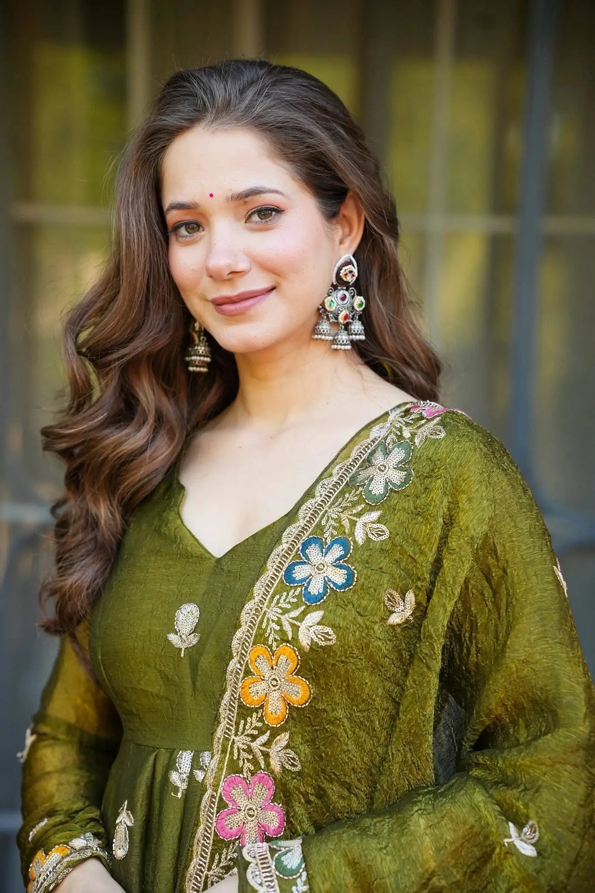 Olive Green Embroidered Silk Anarkali Sharara Suit Set
