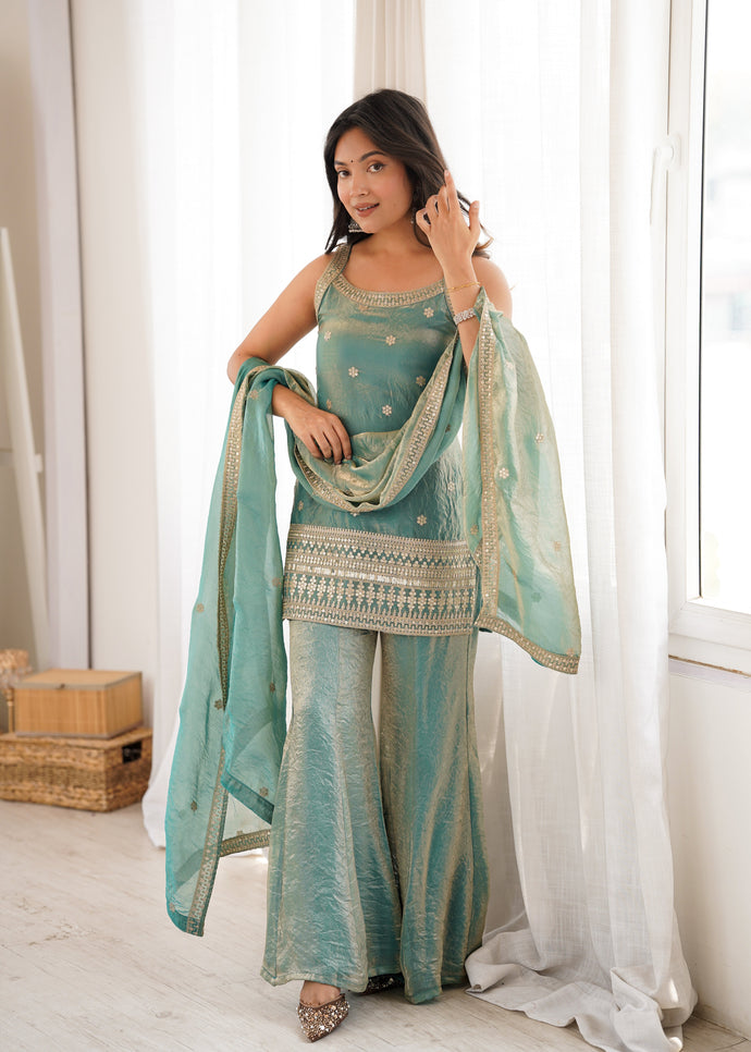 Mint Rose Zari Embroidered Palazzo Set