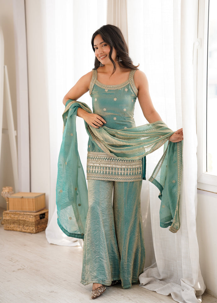 Mint Rose Zari Embroidered Palazzo Set