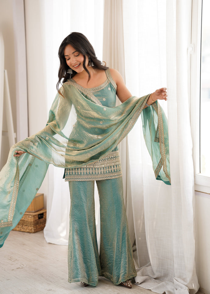 Mint Rose Zari Embroidered Palazzo Set