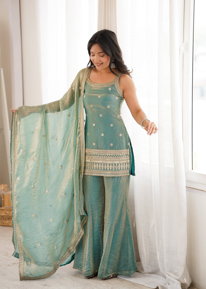 Mint Rose Zari Embroidered Palazzo Set