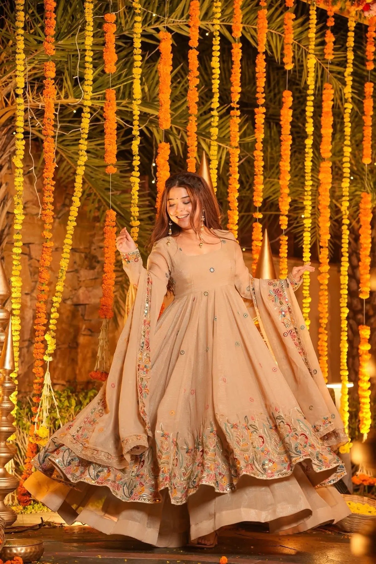 Beige Embroidered Silk Anarkali Sharara Suit Set