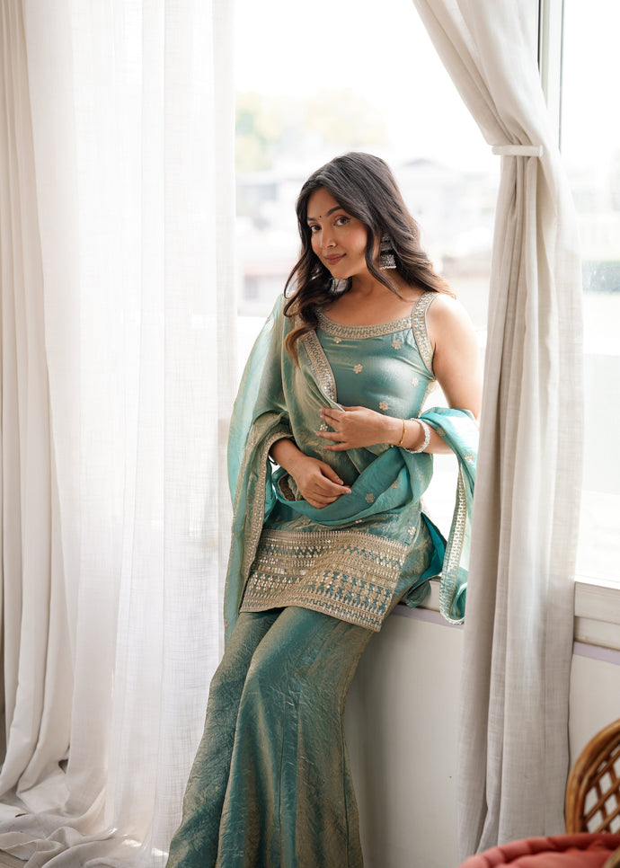 Mint Rose Zari Embroidered Palazzo Set