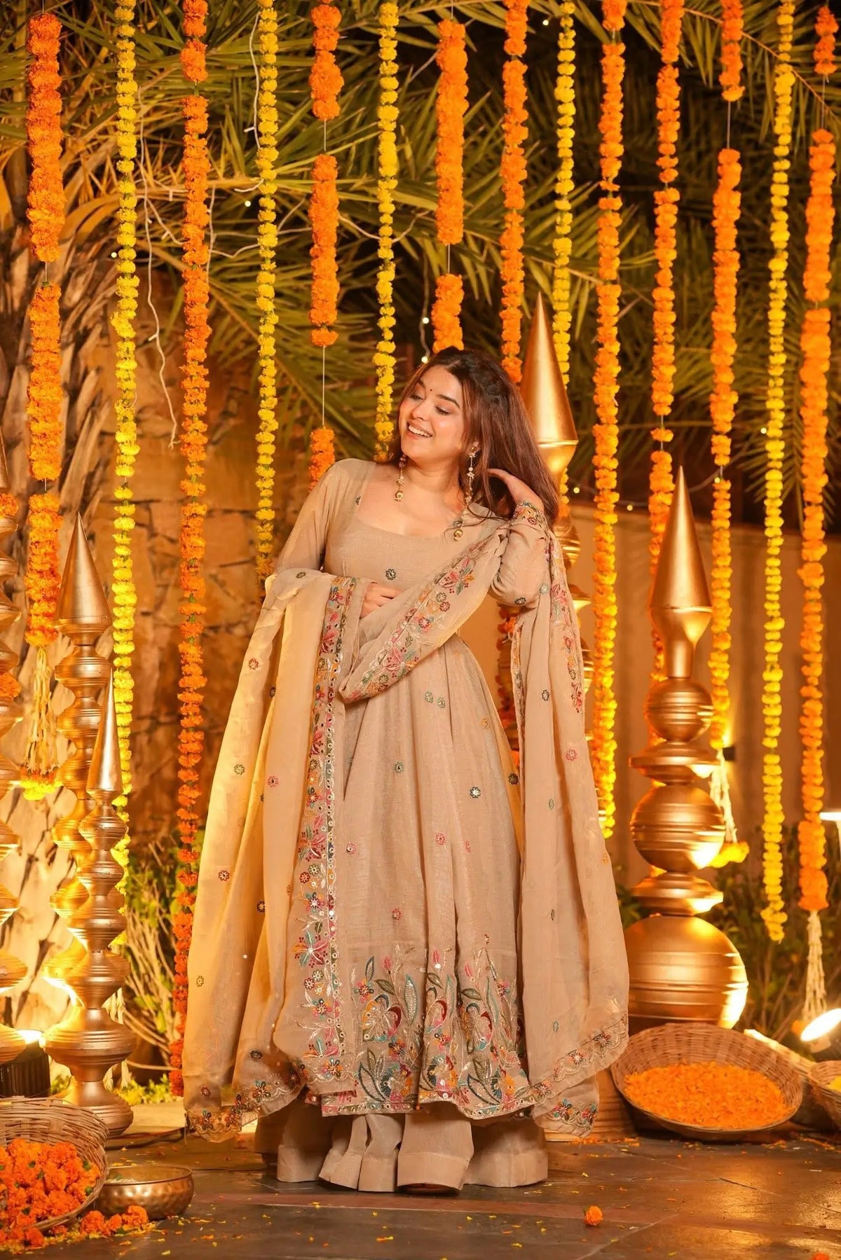 Beige Embroidered Silk Anarkali Sharara Suit Set