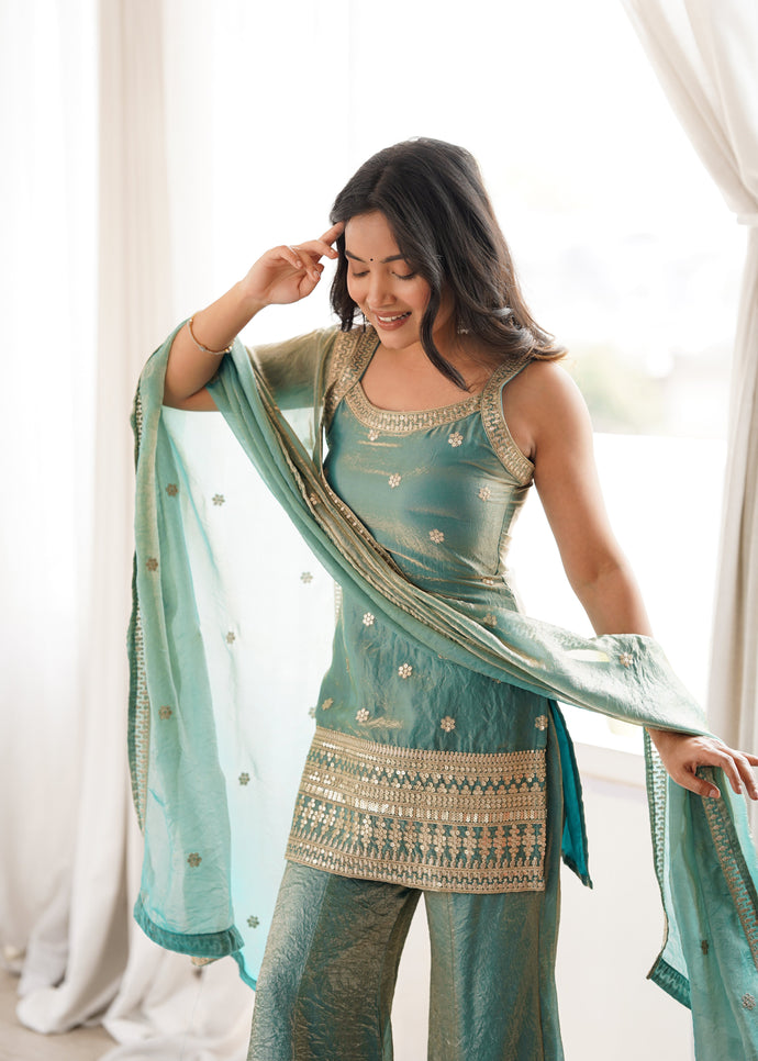Mint Rose Zari Embroidered Palazzo Set