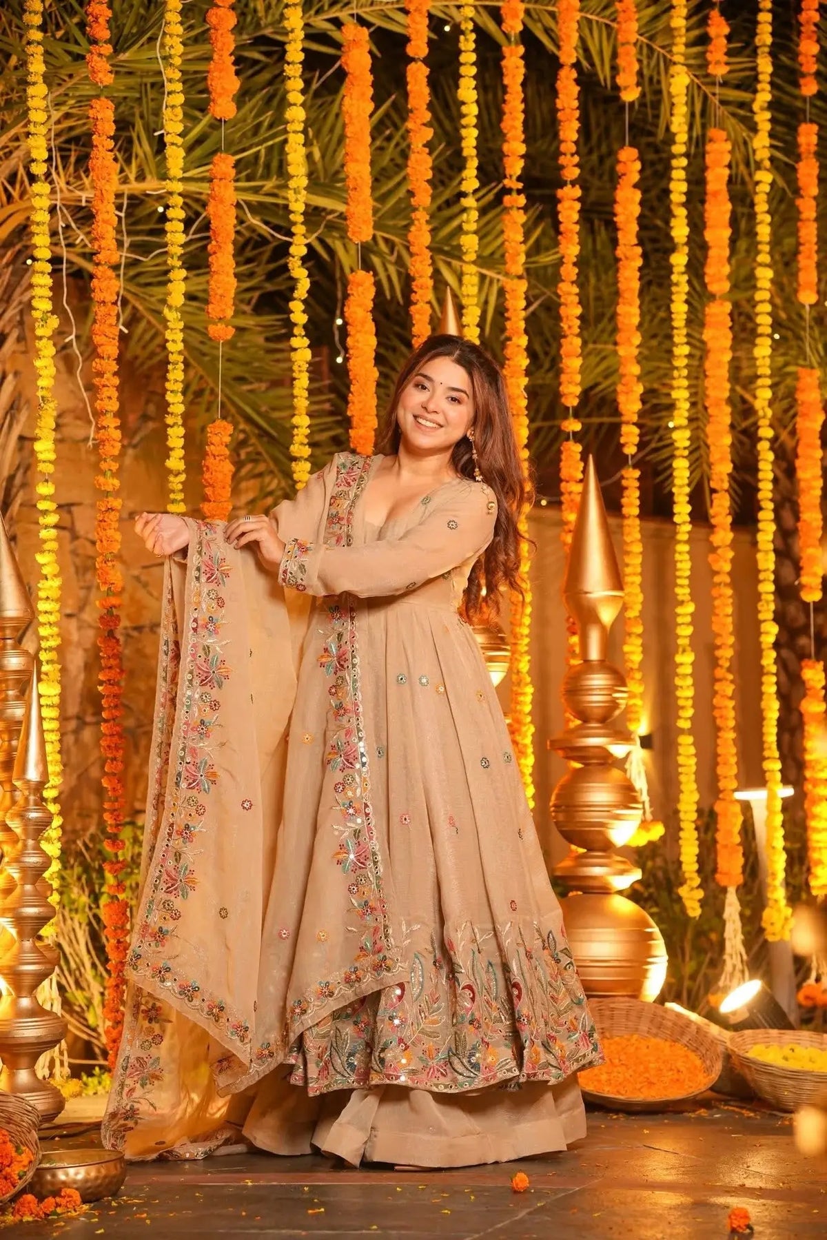 Beige Embroidered Silk Anarkali Sharara Suit Set