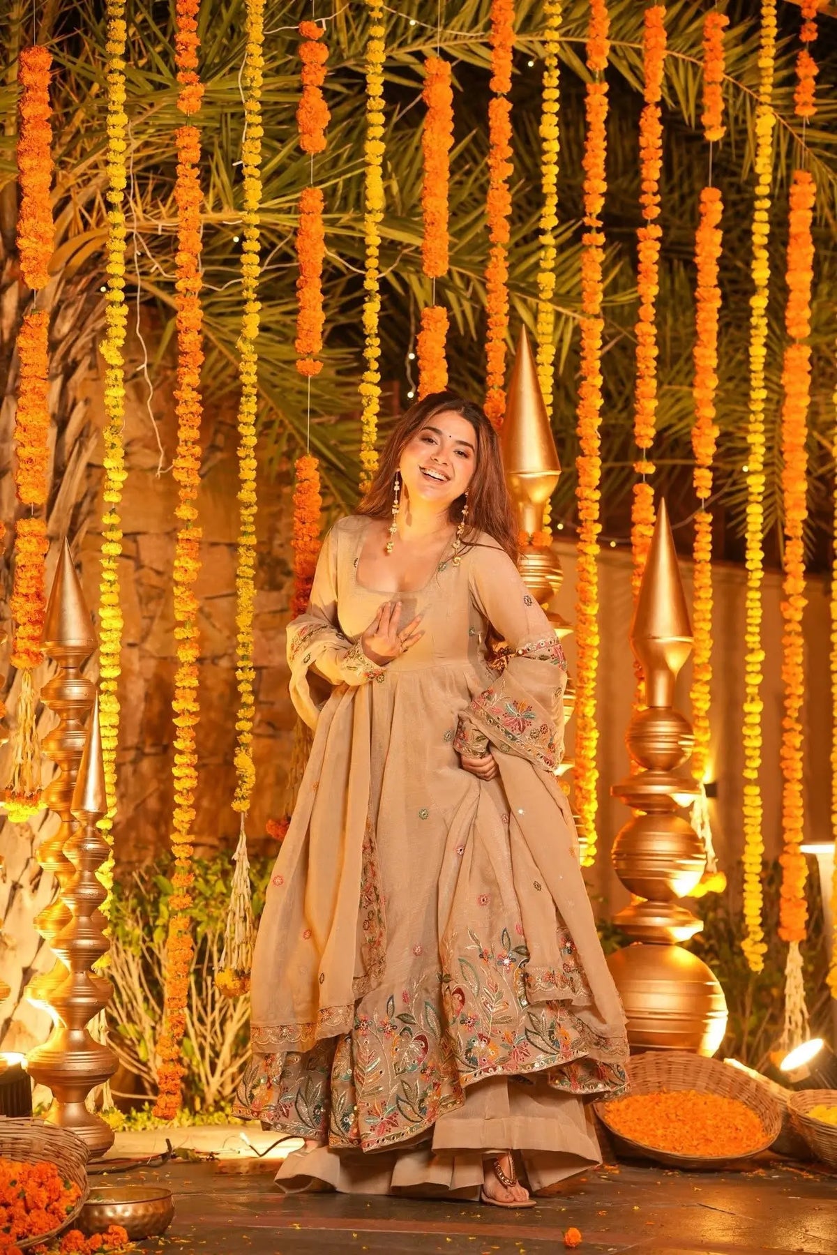 Beige Embroidered Silk Anarkali Sharara Suit Set