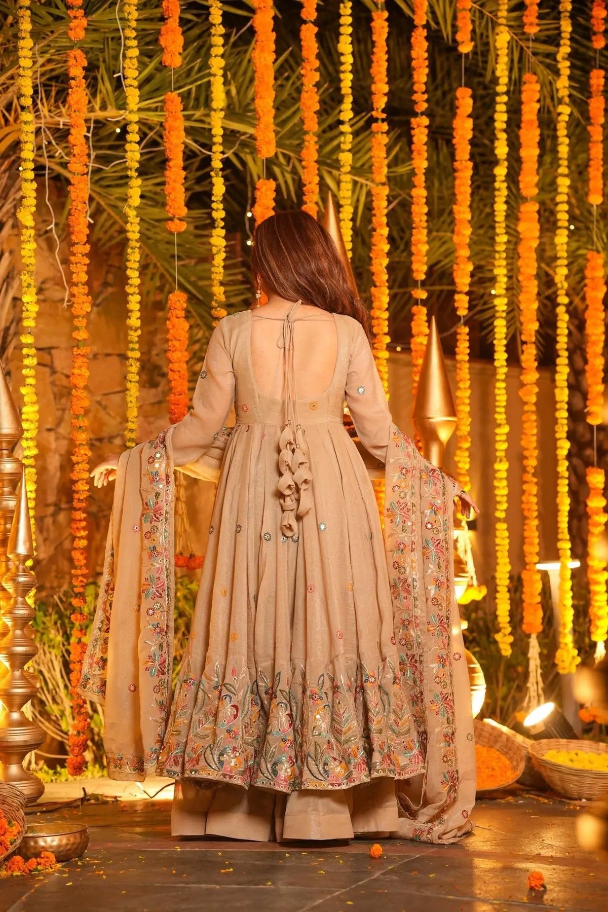 Beige Embroidered Silk Anarkali Sharara Suit Set