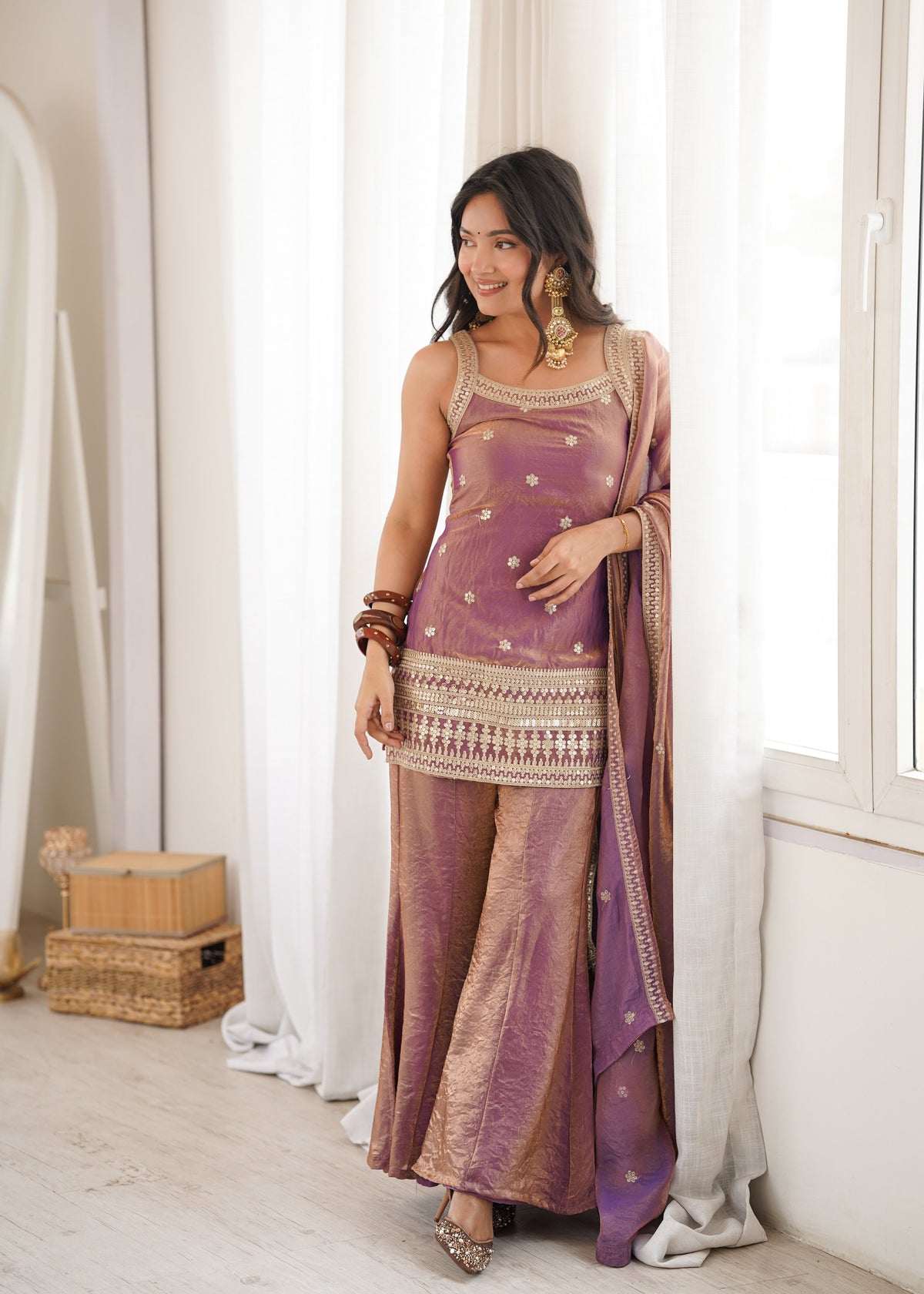Mint Rose Zari Embroidered Palazzo Set