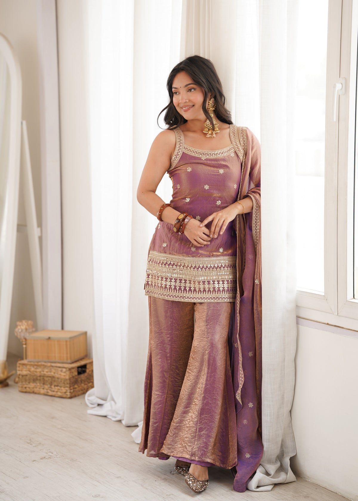 Mint Rose Zari Embroidered Palazzo Set