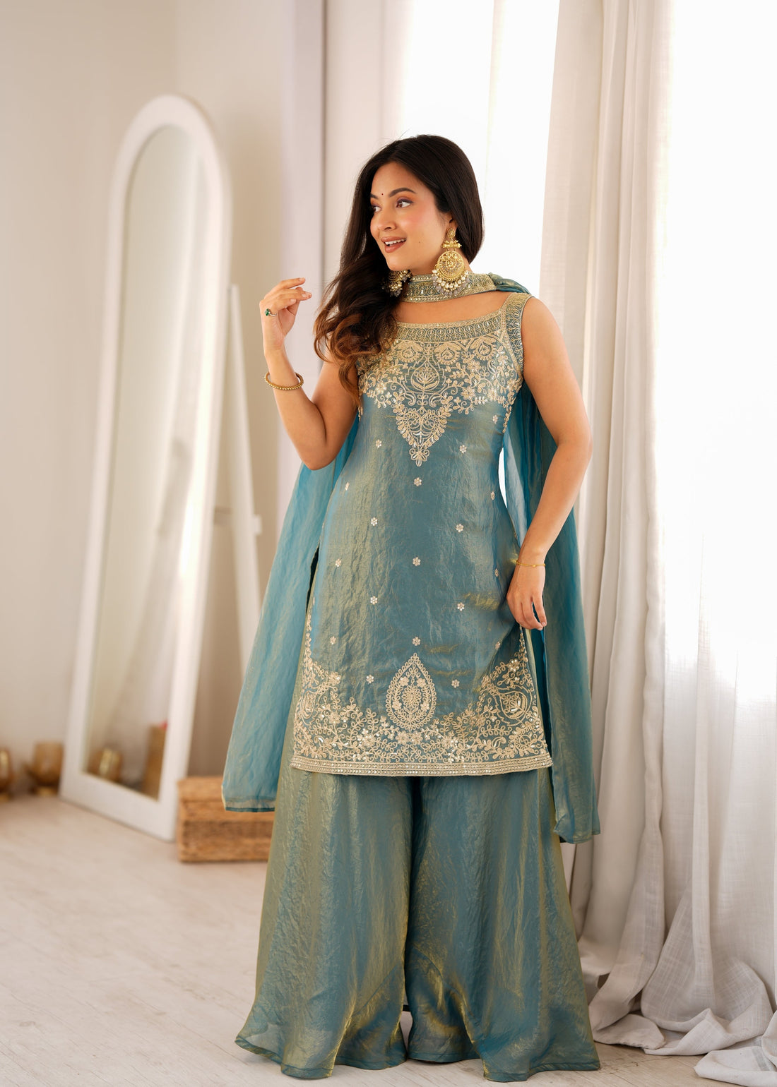 Dusty Teal Fendy Silk Sharara Set