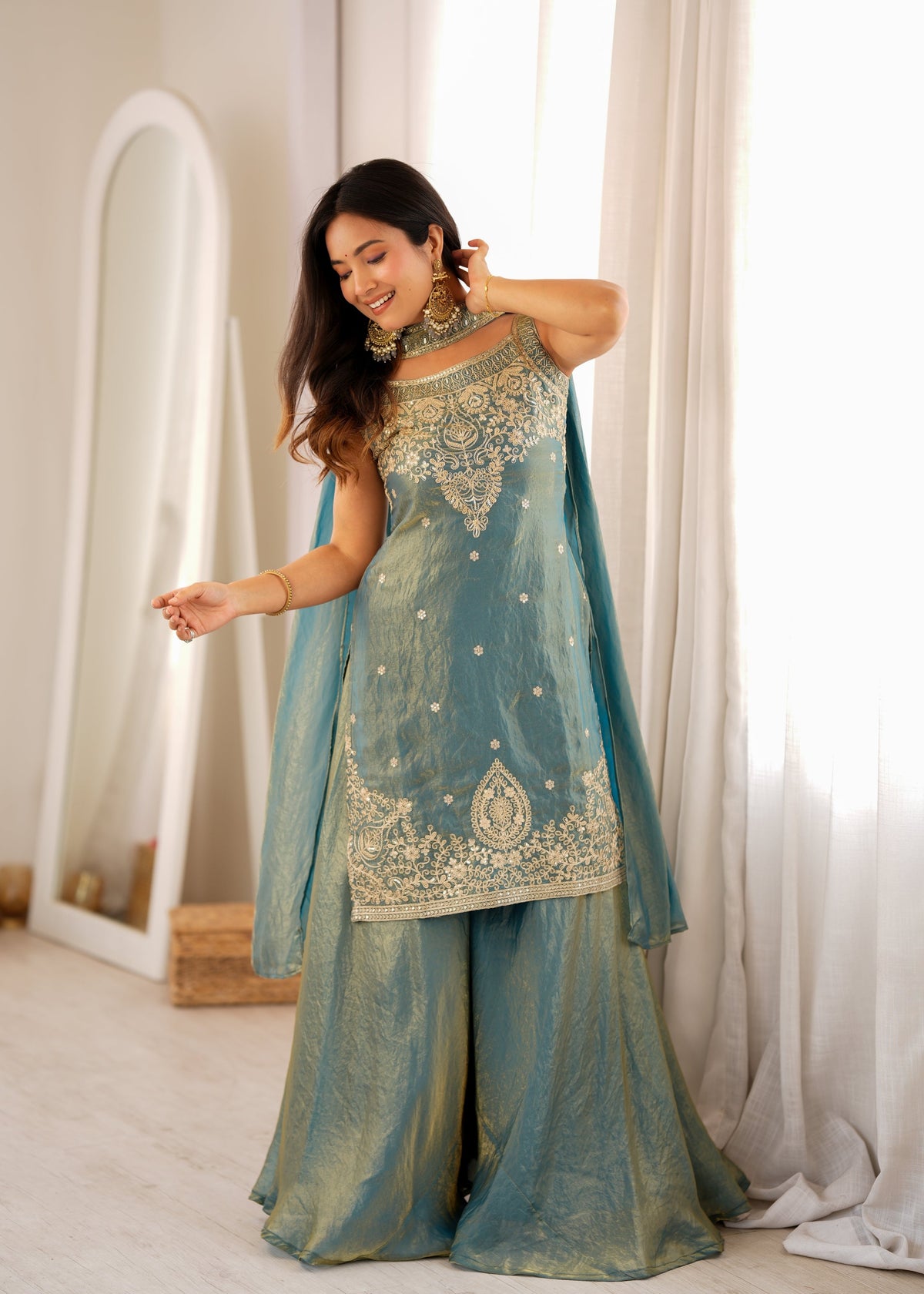 Dusty Teal Fendy Silk Sharara Set