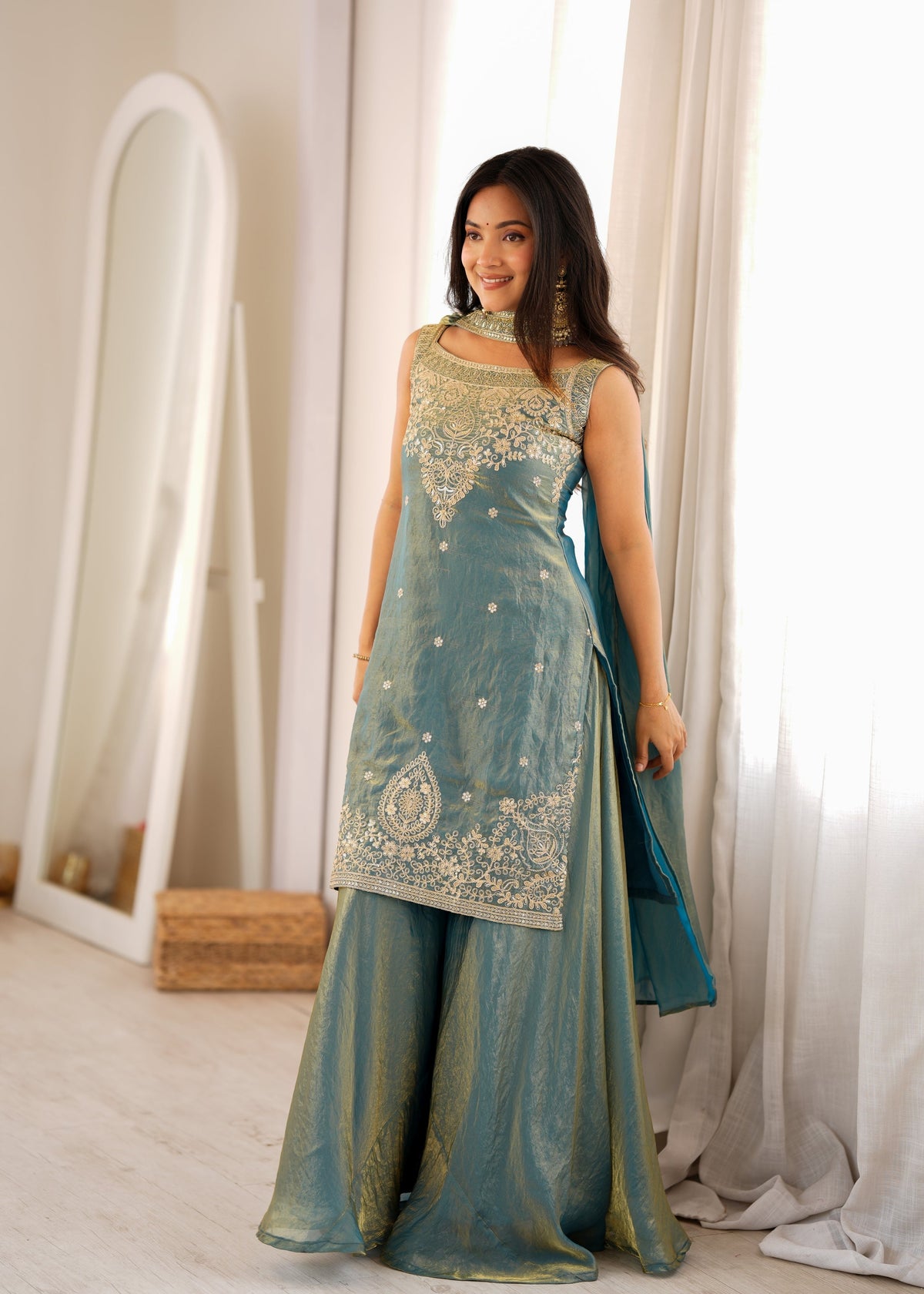 Dusty Teal Fendy Silk Sharara Set