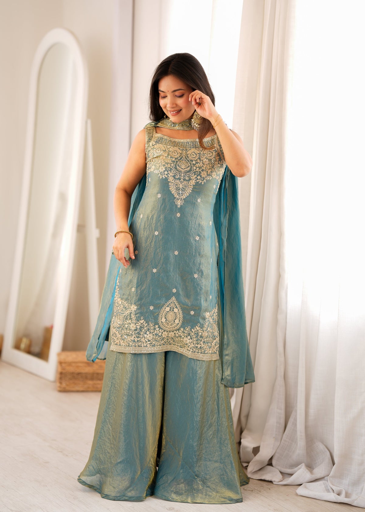 Dusty Teal Fendy Silk Sharara Set