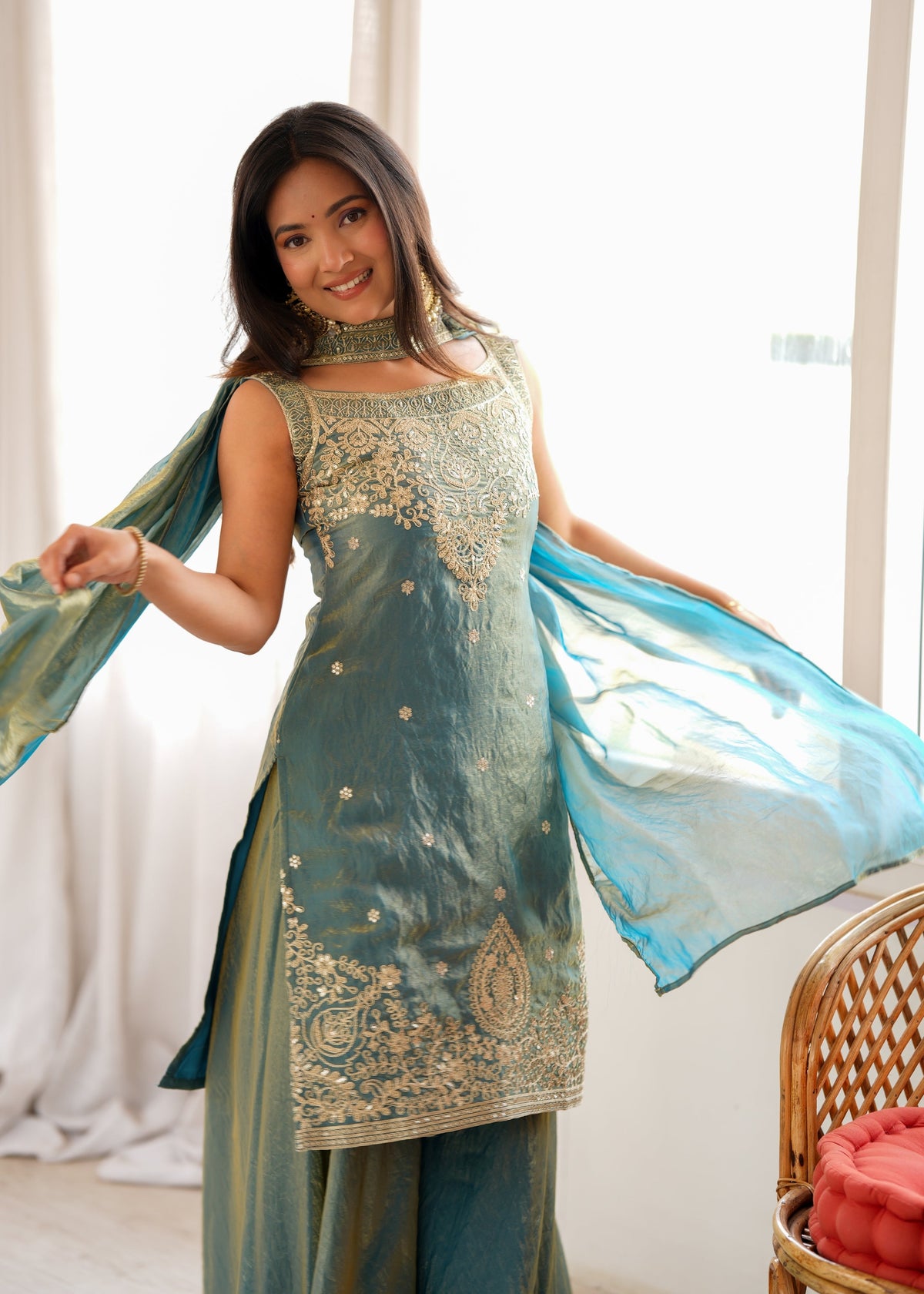 Dusty Teal Fendy Silk Sharara Set