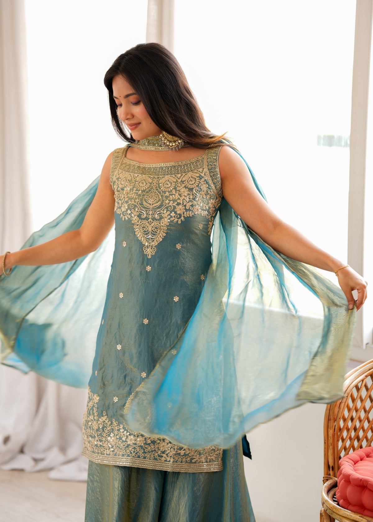 Dusty Teal Fendy Silk Sharara Set
