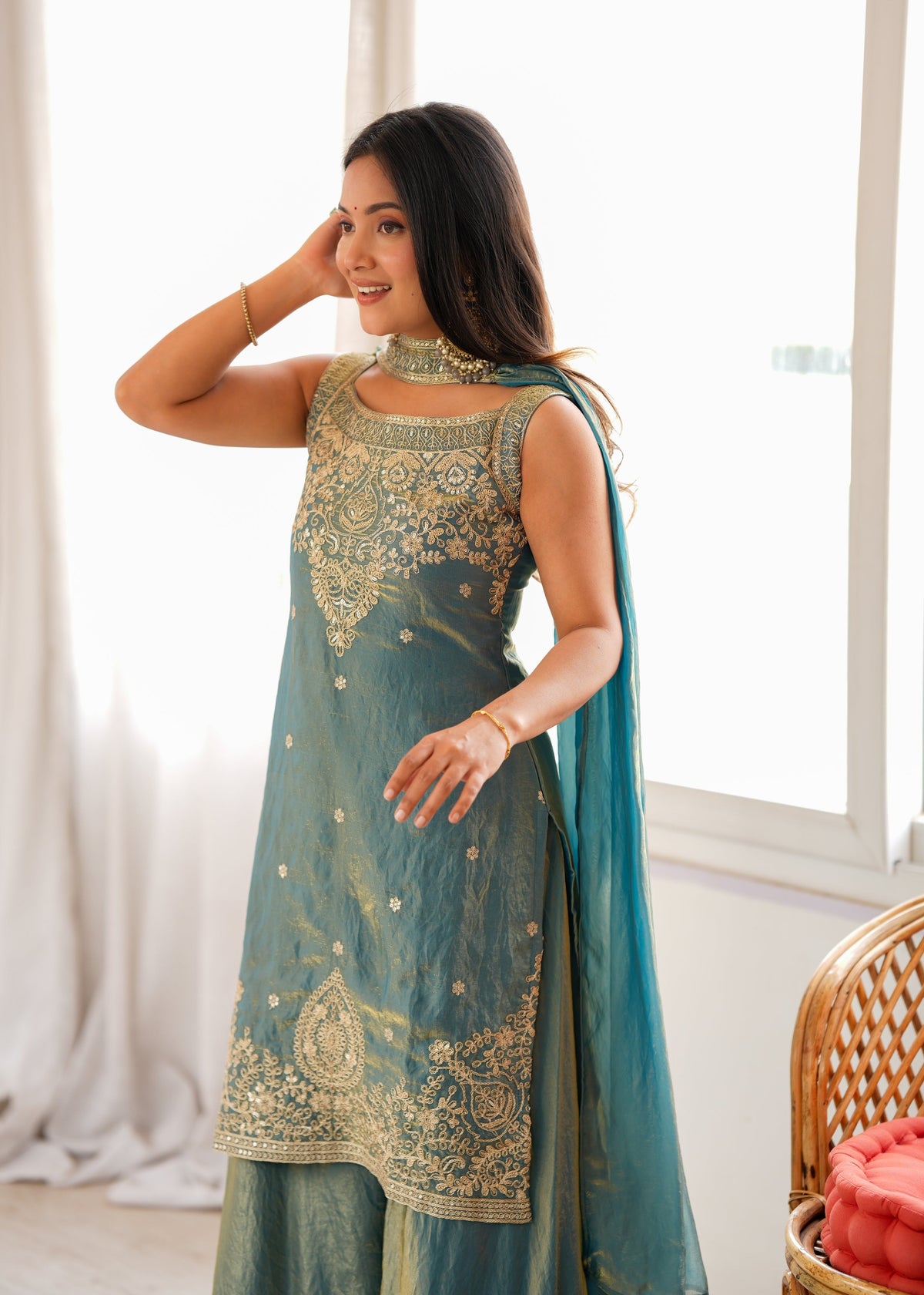 Dusty Teal Fendy Silk Sharara Set