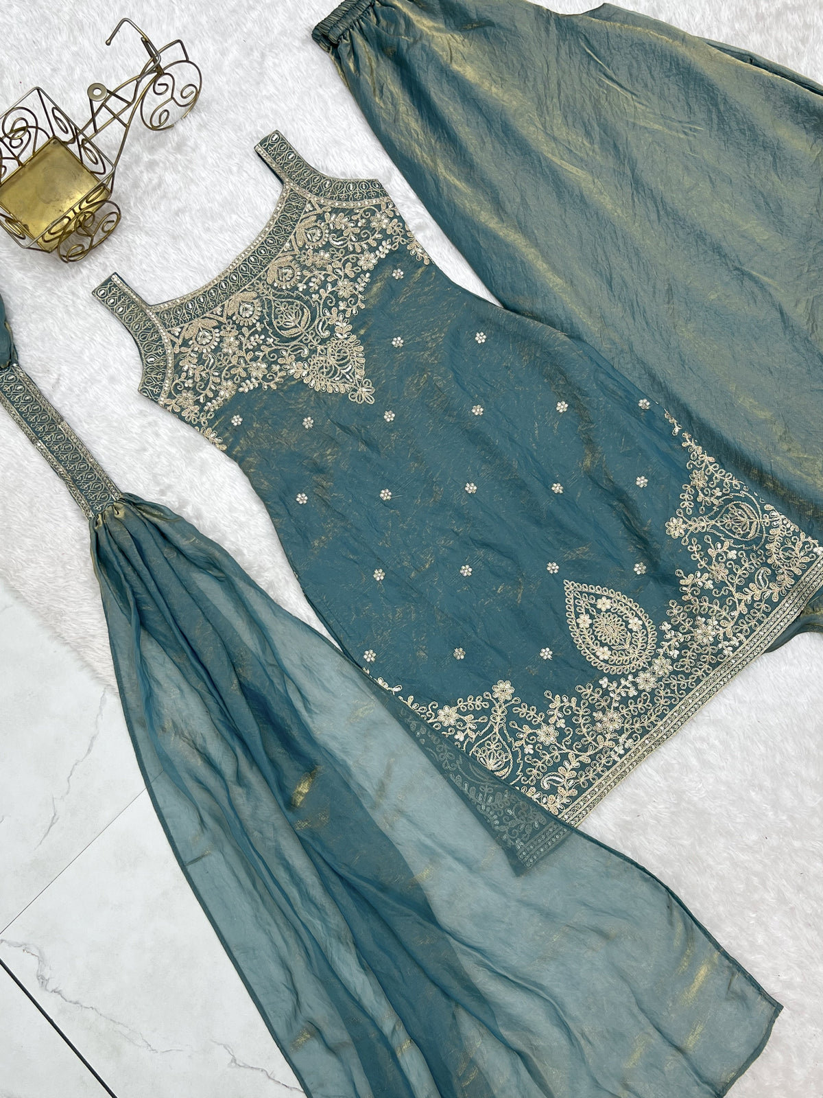 Dusty Teal Fendy Silk Sharara Set