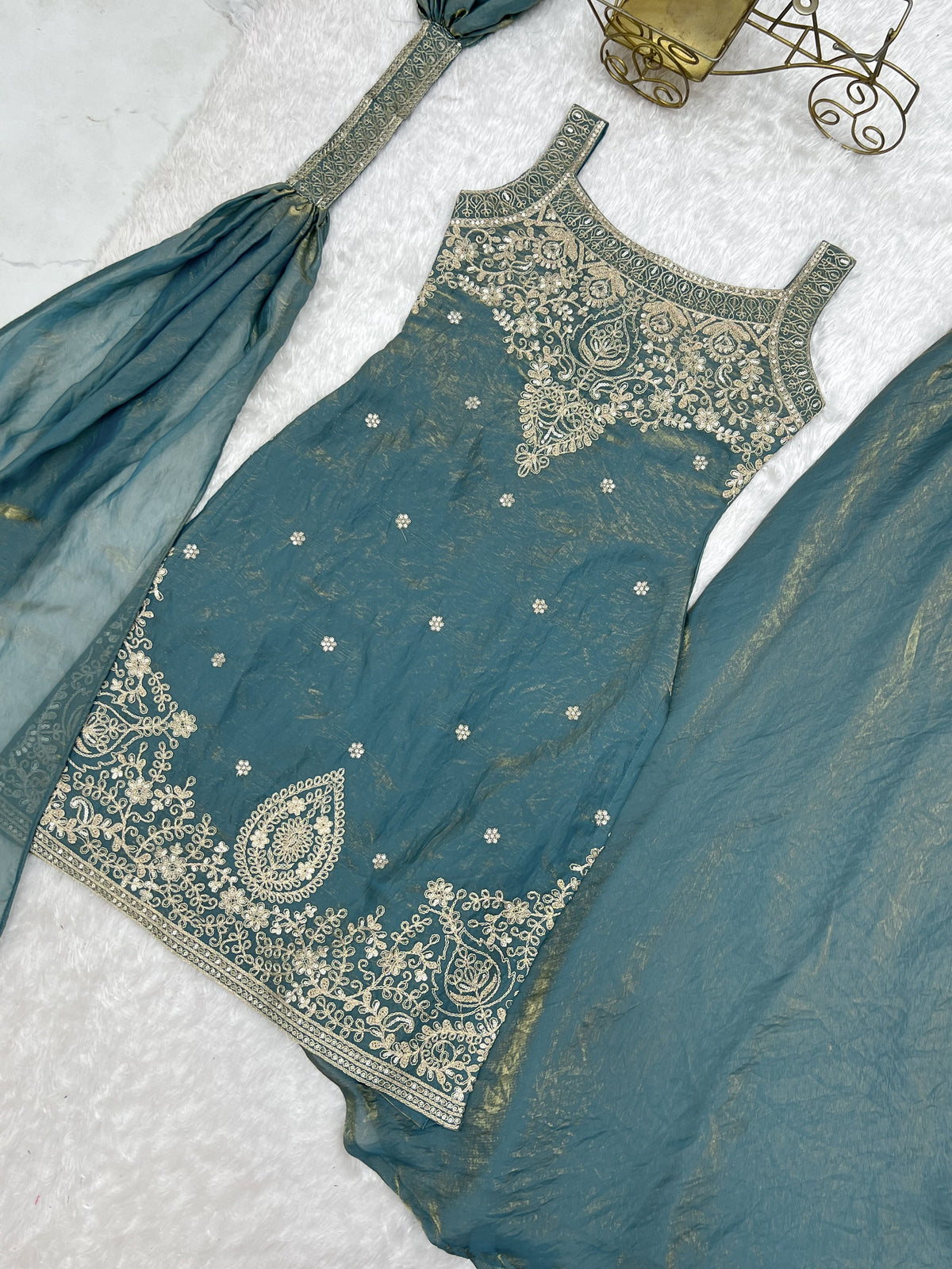 Dusty Teal Fendy Silk Sharara Set