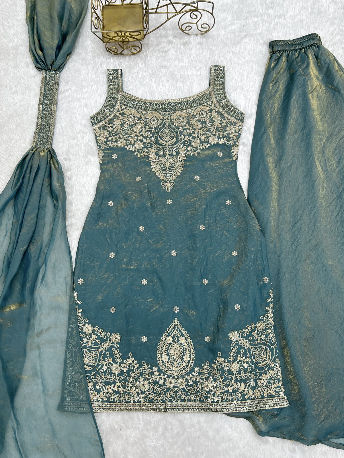 Dusty Teal Fendy Silk Sharara Set