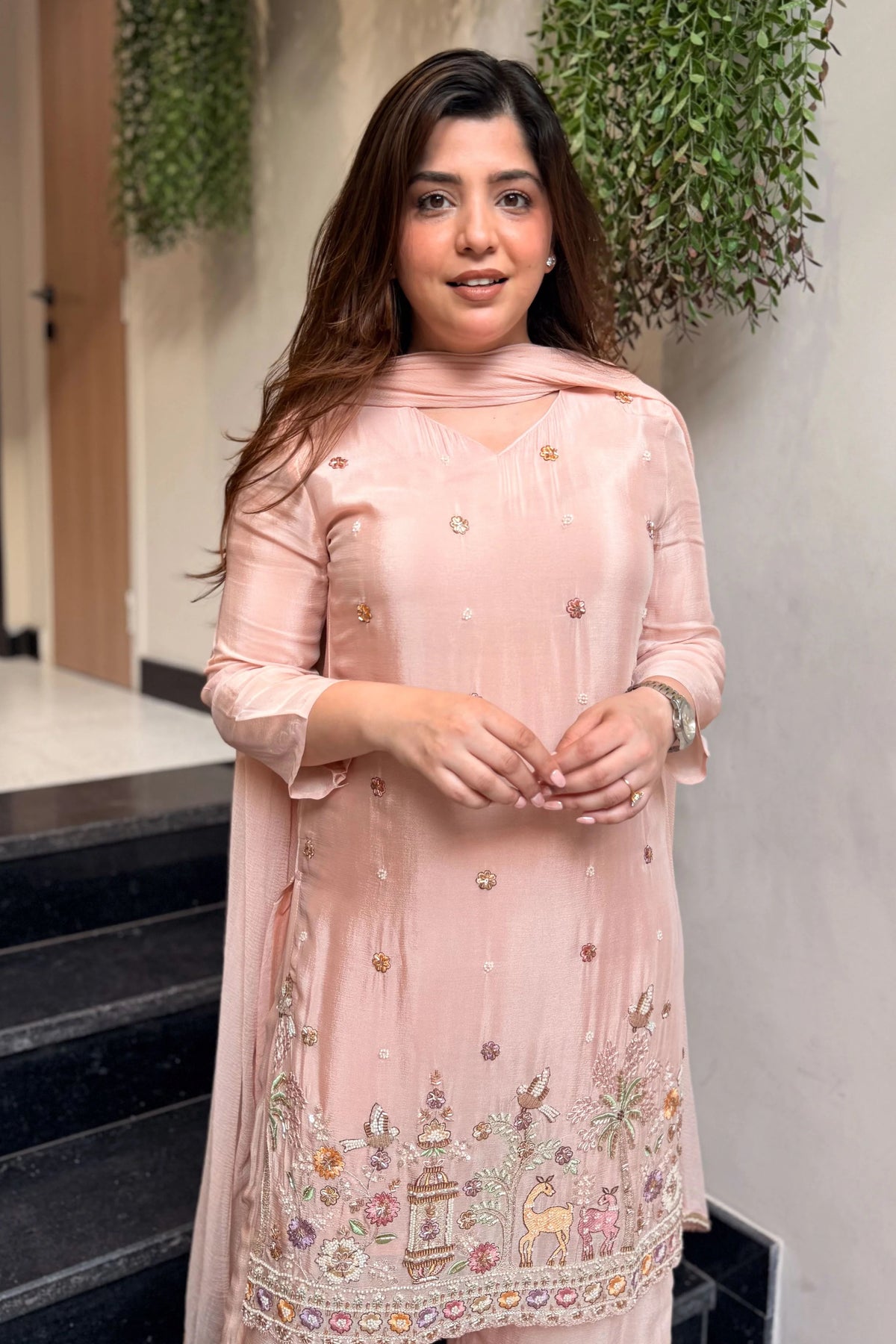 French Crepe Satin Embroidered Suit Set