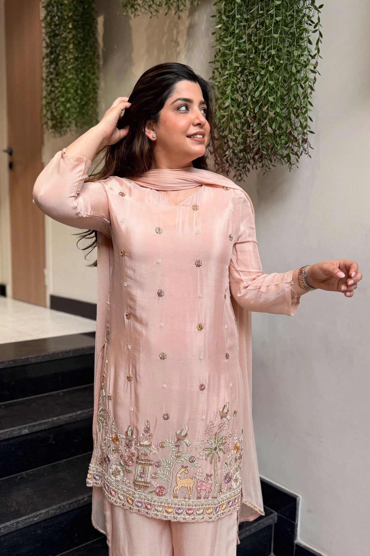 French Crepe Satin Embroidered Suit Set