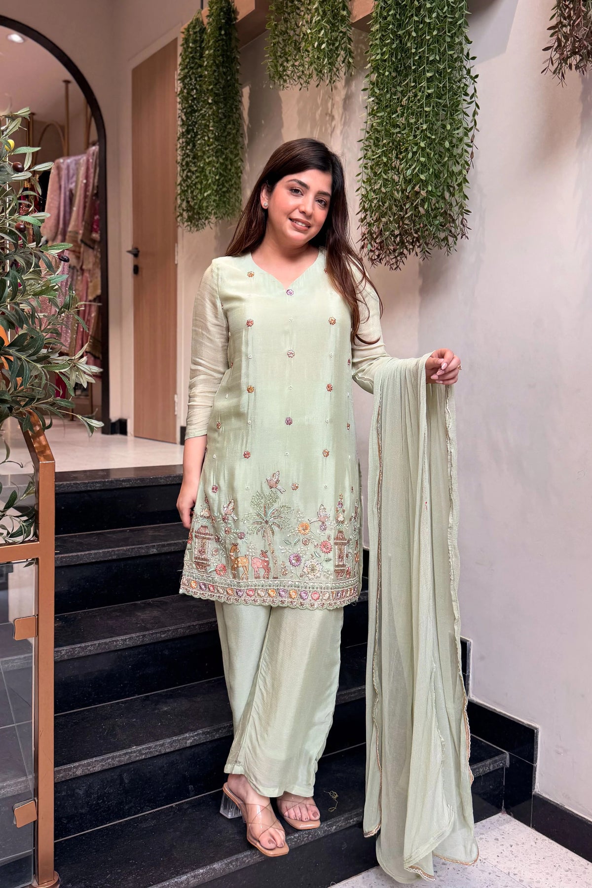 French Crepe Satin Embroidered Suit Set
