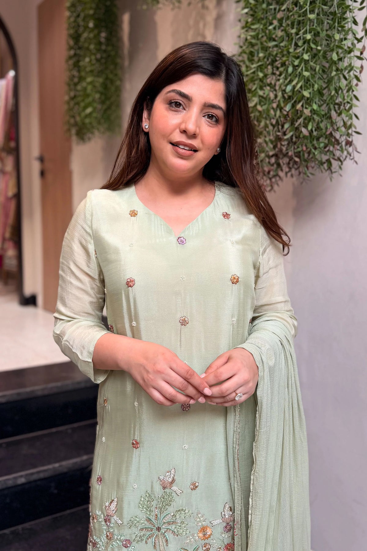 French Crepe Satin Embroidered Suit Set