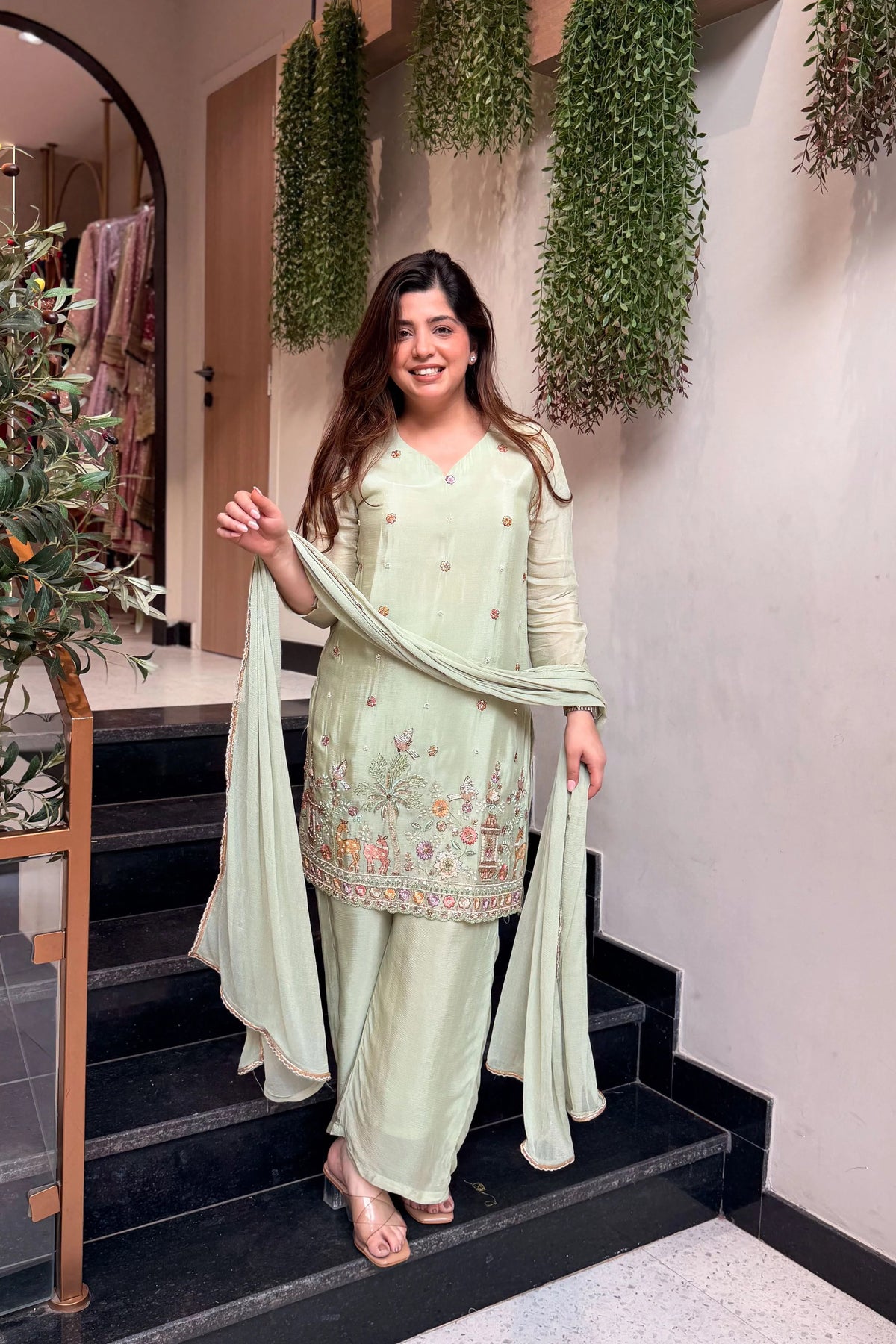 French Crepe Satin Embroidered Suit Set