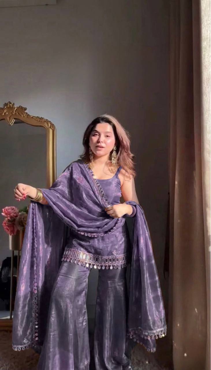 Lavender Purple Embroidered Fendy Silk Palazzo Set with Dupatta for Women
