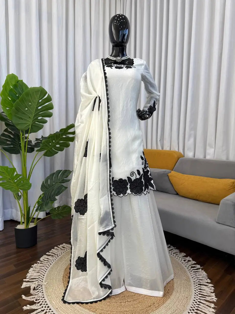 Off White & Black Embroidered Fendy Silk Palazzo Suit Set