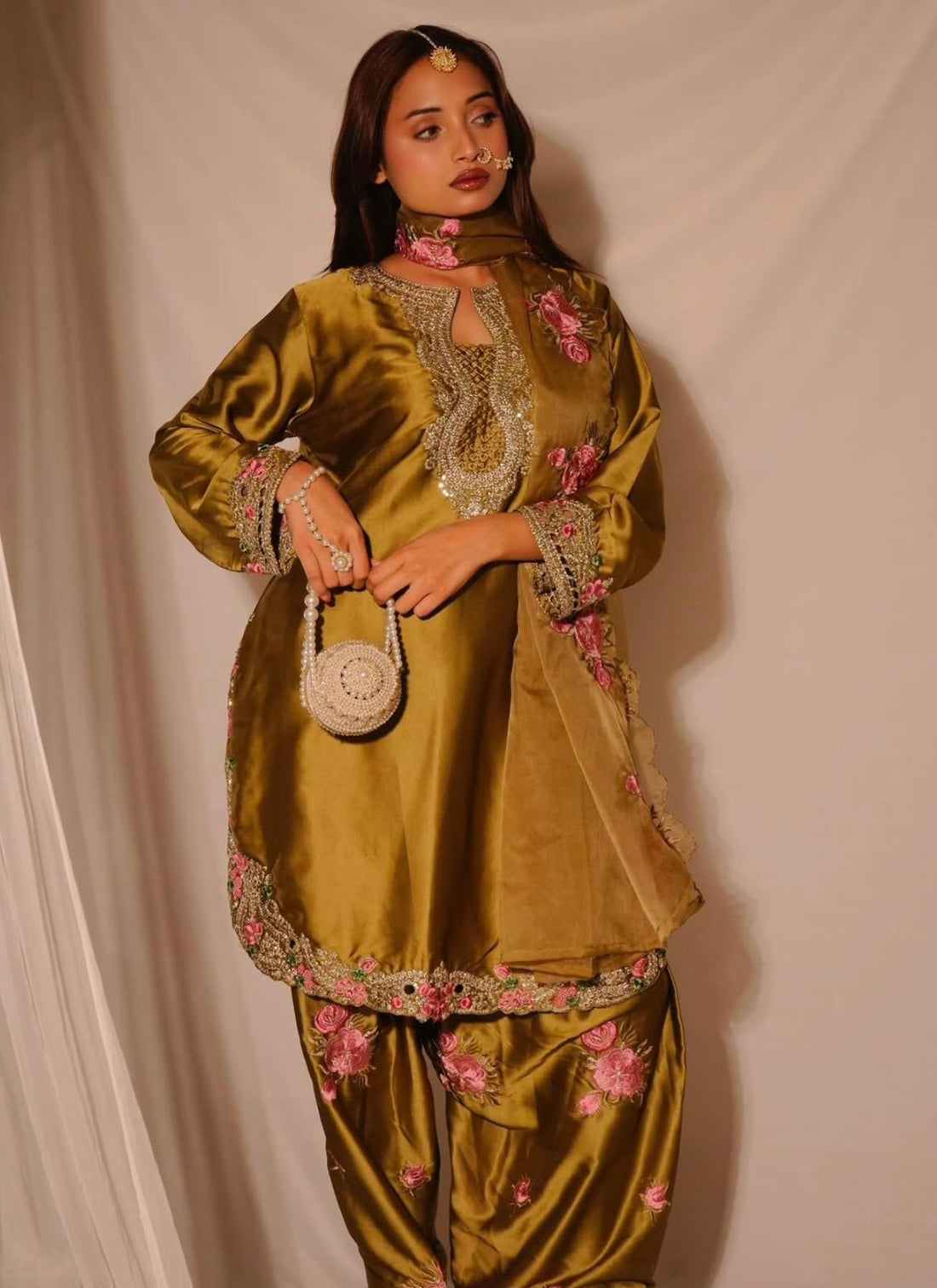 Olive Gold Japan Satin Embroidered Farshi Salwar Suit Set