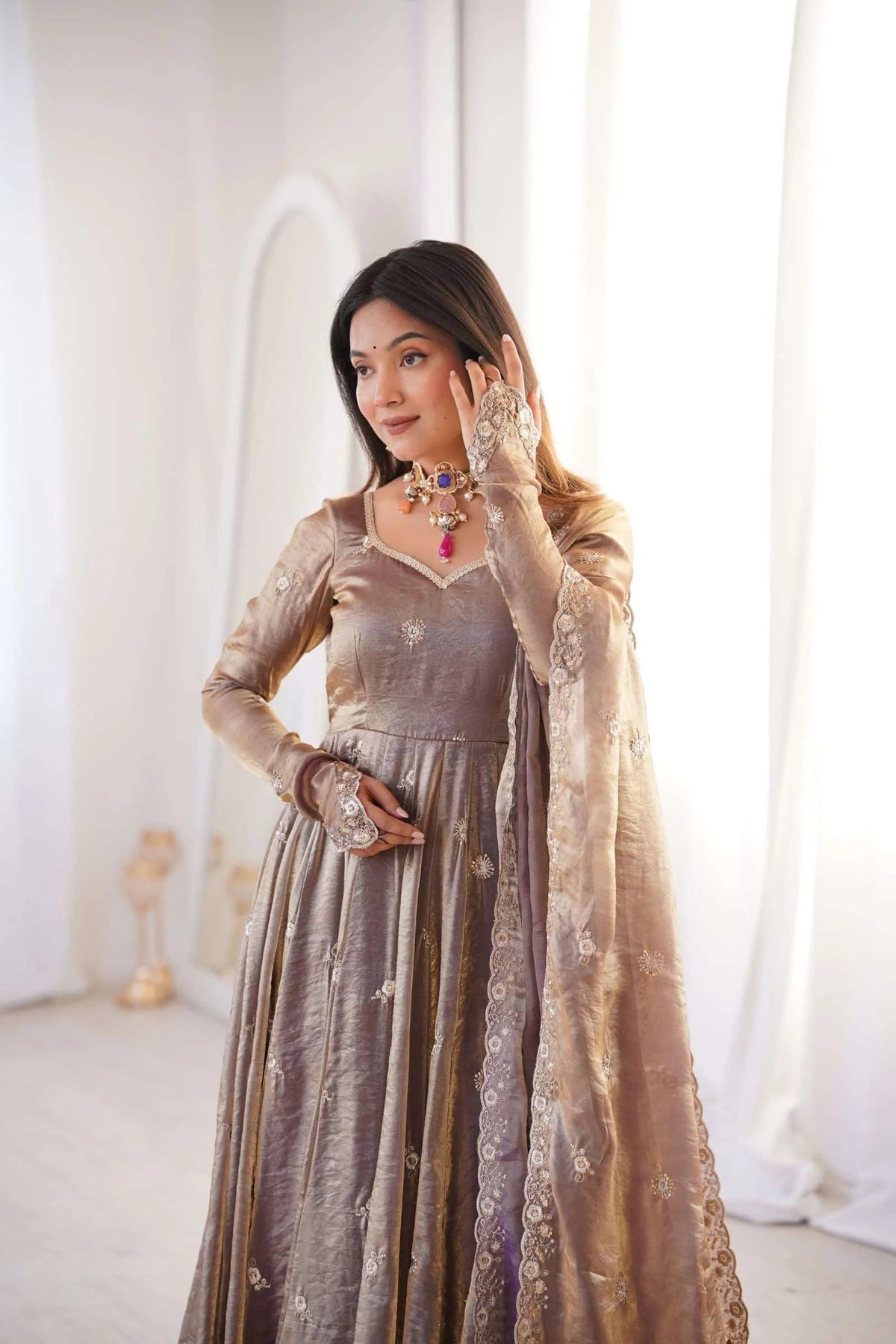 Fendy Satin Embroidered Gown Set