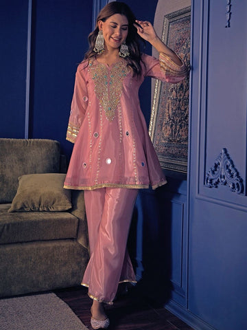 Blush Pink Mirrorwork Kurta Pant Set