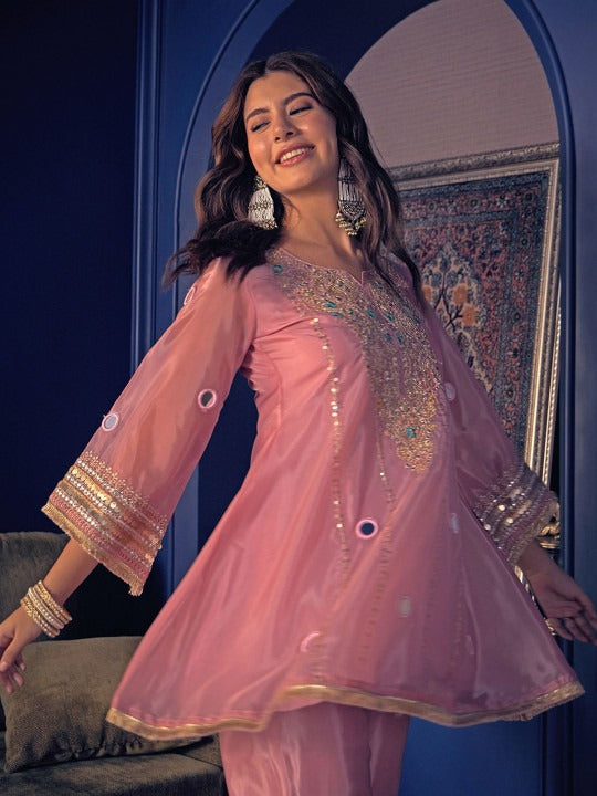 Blush Pink Mirrorwork Kurta Pant Set