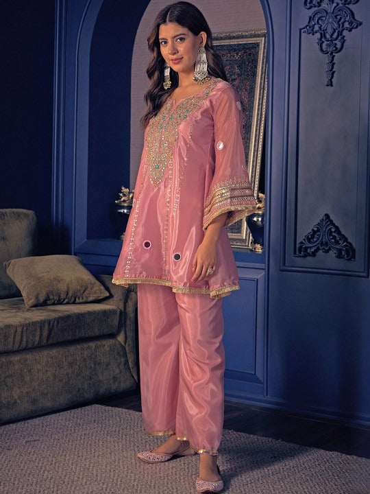 Blush Pink Mirrorwork Kurta Pant Set