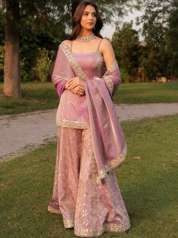 Fendy Satin Embroidered Sharara Set
