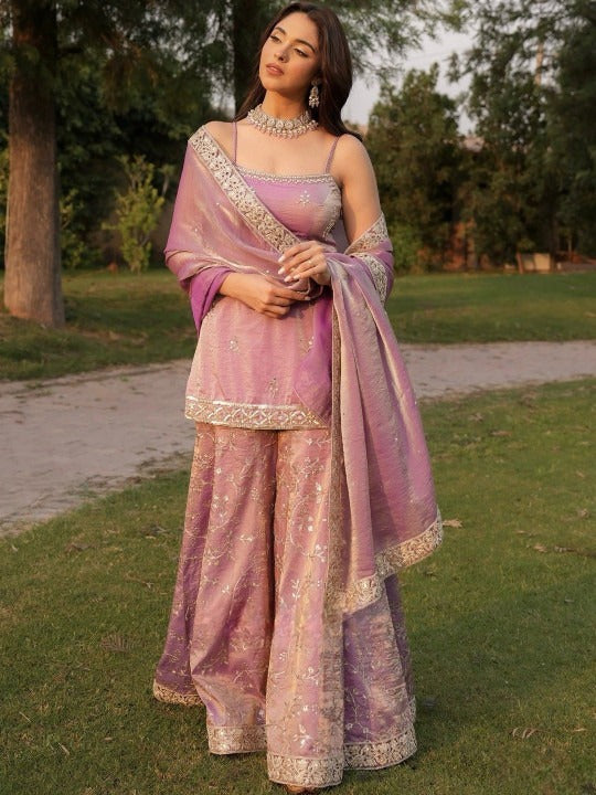 Fendy Satin Embroidered Sharara Set